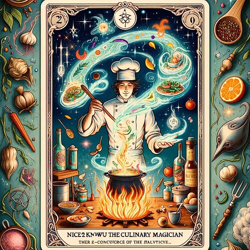 DALL·E 2023-11-23 00.19.20 -'Nice2knowU the Culinary Magician' on a whimsical, kitchen-themed background. The card features a figure resembling a chef with a