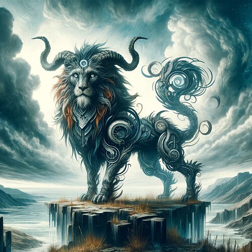 DALL·E 2023-11-10 22.53.48 - Imaginative depiction of a unique tarot card named 'The Beast'. This card portrays a powerful, majestic creature, a blend of various animals, symboliz