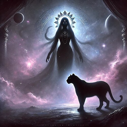 DALL·E 2024-10-30 16.26.23 - An ethereal and mystical image of a panther standing beside a dark, shadowy figure representing Black Tara. The scene is set in a surreal, otherworldl