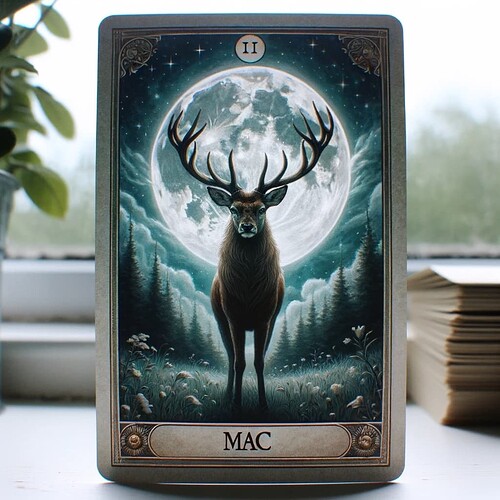 DALL·E 2023-11-15 19.22.18 - A tarot card for someone named Mac, featuring a majestic stag standing in a moonlit forest clearing. The stag, a symbol of nobility, grace, and leader