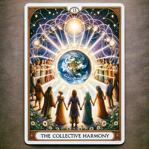 DALL·E 2023-11-15 12.52.46 - A card titled 'The Collective Harmony'. The card depicts a circle of diverse figures holding h