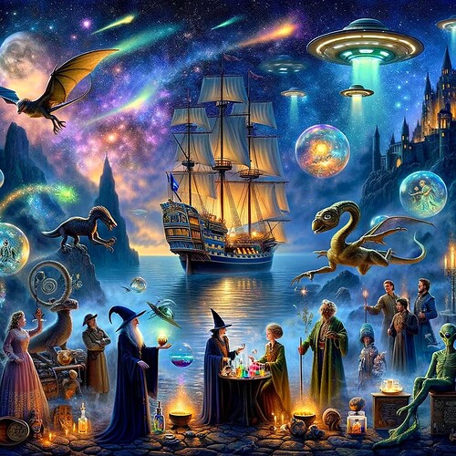 DALL·E 2024-01-18 02.48.10 - An imaginative scene blending elements of fantasy, science fiction, and mysticism, set in Camelot. The central focus is a grand ship, sailing on a sea