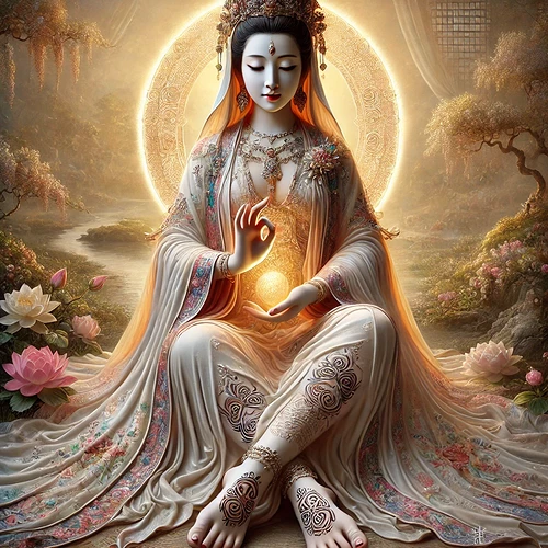 DALL·E 2024-07-20 05.46.48 - A close-up, serene image of a divine figure that is a fusion of the Empress and Kwan Yin, depicted as one being sending healing blessings while seated