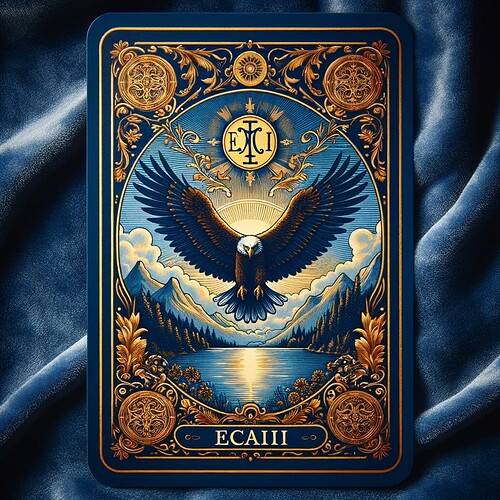 DALL·E 2023-11-10 10.41.17 - An image of a single tarot card, centrally placed on an indigo velvet background. The card is richly illustrated with the symbol 'ECAIII' prominently