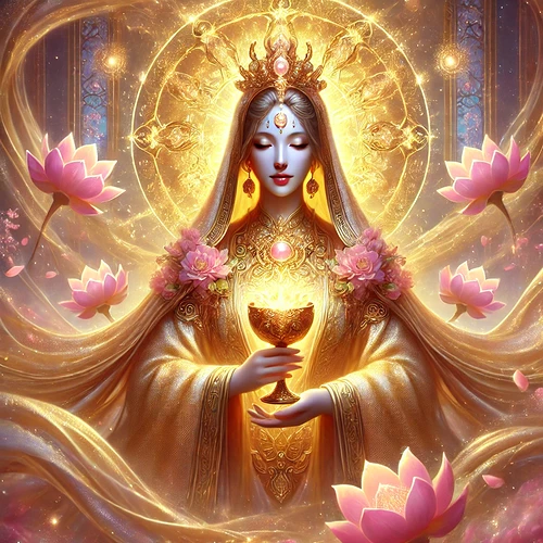 Healing Gold Kwan Yin fused with the Pink Quartz Queen of Cups