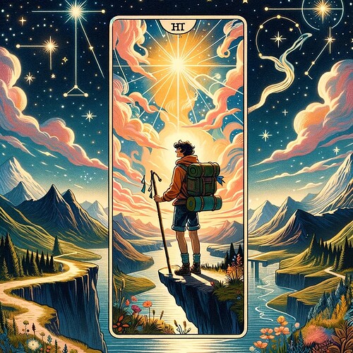 DALL·E 2023-11-11 19.49.30 - A tarot card representing the life path for a member named 'Star', set against a backdrop reflecting a journey of growth and discovery. The card is 'T