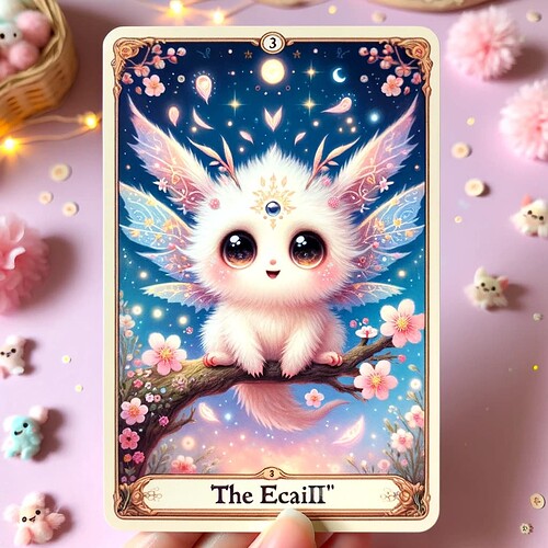 DALL·E 2023-11-13 05.14.20 - A very unique and cute tarot card called 'The Ecaiii', set against a whimsical and charming backdrop. This card represents joy, playfulness, and the s