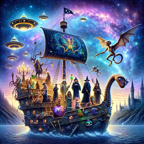 DALL·E 2024-01-18 02.46.42 - A vivid and fantastical scene set in Camelot, where a ship resembling Captain Nemo's Nautilus sails on a sea transitioning into a star-filled cosmos.