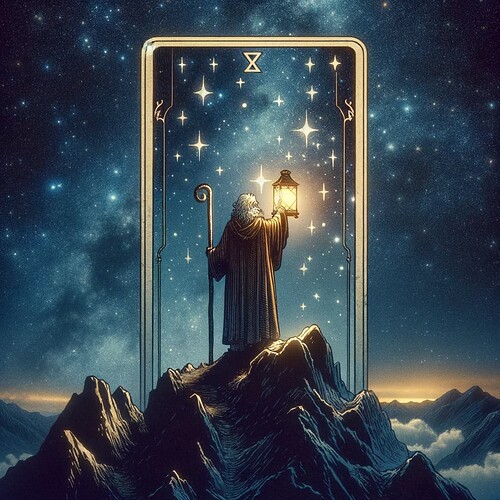 DALL·E 2023-11-10 16.19.55 - An image of a single tarot card on a starry night sky background. The card is 'The Hermit', symbolizing introspection, solitude, and the search for in