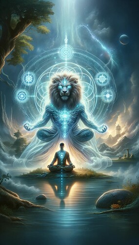 DALL·E 2024-06-06 23.40.58 - A mystical scene featuring an ethereal servitor embodying the power of a lion and the calmness of a Zen master. The servitor is enveloping a person li_webp