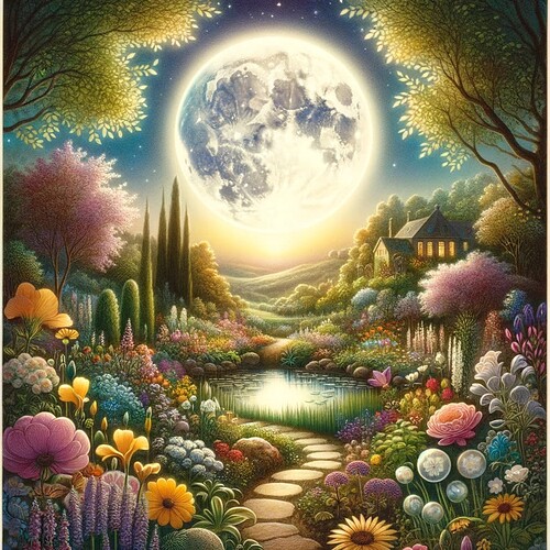 DALL·E 2023-12-11 16.16.50 - A tarot card depicting a flourishing garden under a radiant full moon. The garden is filled with various blooming flowers and a small, serene pond, sy