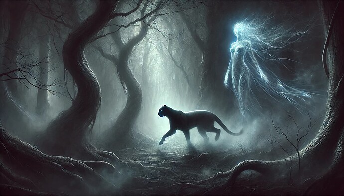 DALL·E 2024-10-30 23.55.13 - Ethereal scene in a dark, misty forest, shrouded in shadows and whispers. A sleek, ghostly panther with faintly glowing eyes steps silently through a