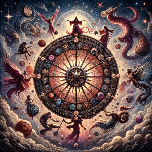 DALL·E 2023-11-10 22.57.59 - Artistic depiction of the tarot card 'The Wheel of Fortune'. This card shows a large wheel surrounded by various mystical symbols and creatures, repre