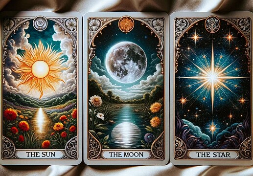 DALL·E 2023-11-10 09.28.23 - An image of three tarot cards laid out on a silk cloth. The first card shows a radiant sun over a lush garden, symbolizing 'The Sun' tarot card and re