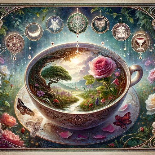 DALL·E 2023-11-19 23.55.42 - A tea leaf card titled 'The Enchanted Garden', designed for the forum member 'Rosechalice'. The card depicts a mystical scene within a
