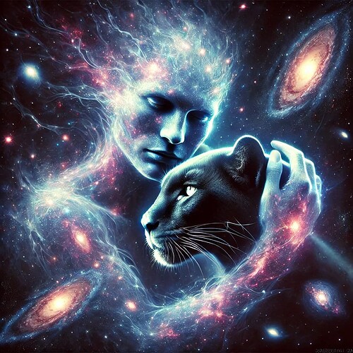 DALL·E 2024-10-30 17.39.01 - A deeply mystical and ethereal image of a human figure and sleek panther merging into a single, cosmic entity. The human and panther forms are entwine