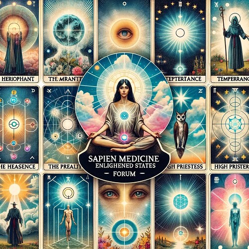 DALL·E 2023-11-11 23.19.28 - A collage of tarot cards for the Sapien Medicine Enlightened States Forum, artistically arranged on a background symbolizing healing, spiritual growth