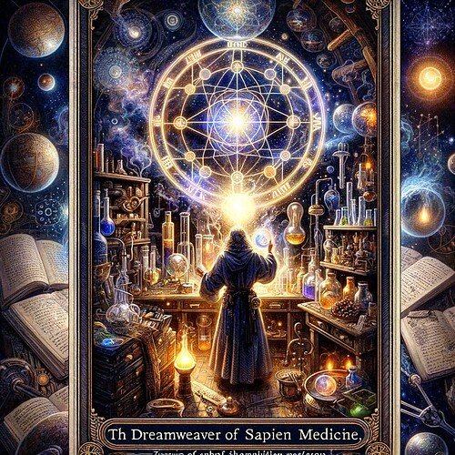 DALL·E 2023-11-14 14.18.33 - A tarot card for Dreamweaver of Sapien :white_heart: Medicine, named 'The Alchemist'. The card depicts a figure in a mystical laboratory, surrounded by alchemical s