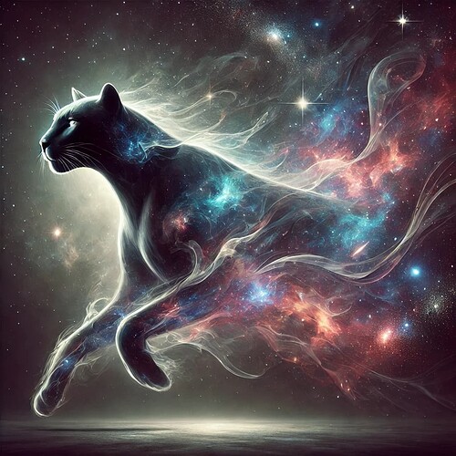 DALL·E 2024-10-30 17.19.24 - An ethereal image of a sleek panther dissolving into the vastness of the omniverse. The panther’s form is fluid, shifting between solid and translucen