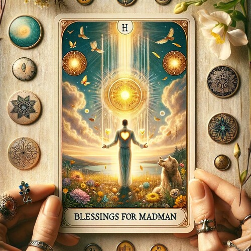 DALL·E 2023-11-23 23.46.25 -  Blessings for Madman on a peaceful, uplifting background. The card features imagery symbolizing blessings and positive energy, s