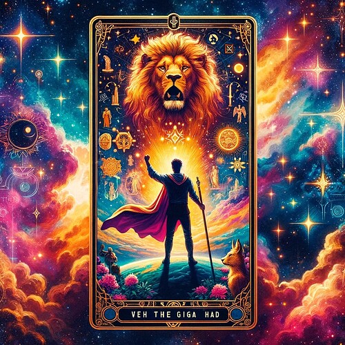 DALL·E 2023-11-20 20.47.43 - A tarot card on a vibrant, cosmic background, symbolizing the persona of 'Veh the Giga Chad'. The card features bold and powerful imagery, such as a l