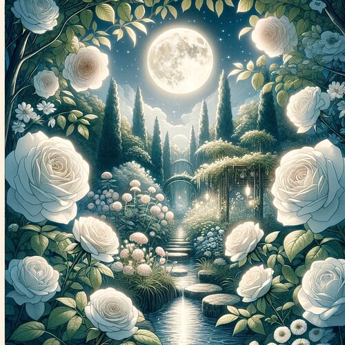 DALL·E 2023-11-16 09.37.10 - A tarot card for forum member Whiterose, depicting a serene garden with white roses in full bloom under a soft moonlight. The white roses symb