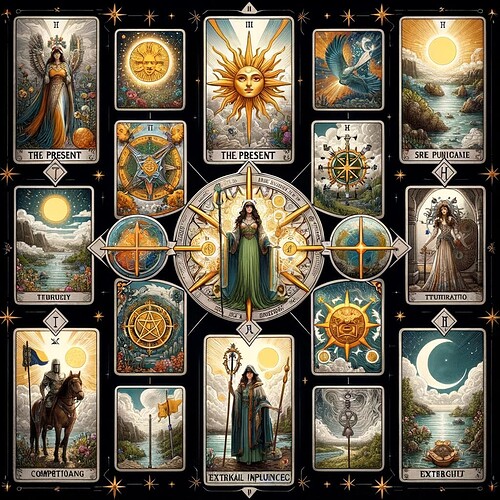 DALL·E 2023-11-17 22.21.05 - A full Celtic Cross tarot spread. The cards are_ 1. T