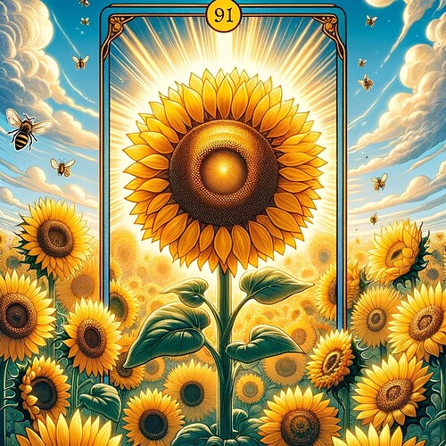 DALL·E 2023-11-15 18.53.24 - A tarot card for a forum member named Lucky, showcasing a radiant sunflower field under a clear blue sky. In the center of the field stands a large, f