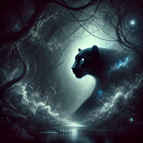 DALL·E 2024-10-30 17.19.40 - An ethereal image of a powerful panther in a dark, surreal forest or otherworldly realm. The scene is shadowed and mystical, with thick, inky darkness