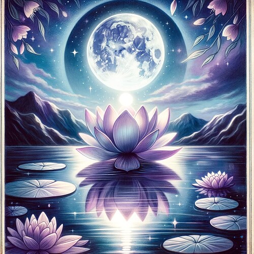 DALL·E 2023-11-16 07.18.51 - A tarot card representing the forum member Rosechalice. The card features a serene lotus flower floating on a calm lake under a full moon