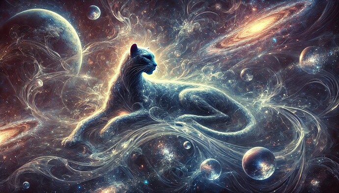 DALL·E 2024-10-30 17.29.07 - A mystically ethereal scene depicting the Mercurial Panther drifting through the omniverse, immersed in a vast cosmic realm. The Panther is surrounded