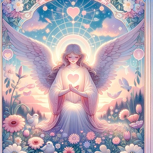 DALL·E 2023-11-25 21.48.14 - Card for forum member 'Sagonquest'. The card displays a gentle angel in a comforting pose, surrounded by soft, glowing light, sym