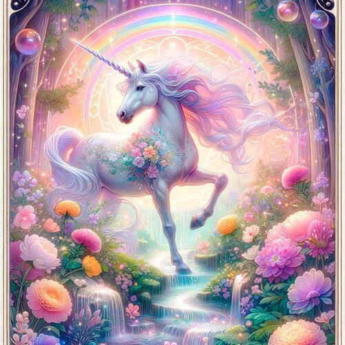 DALL·E 2023-11-15 18.58.16 - A tarot card for someone named Lou_Lou, depicting a mystical unicorn in an enchanted forest. The unicorn, a symbol of purity, magic, and healing, is s