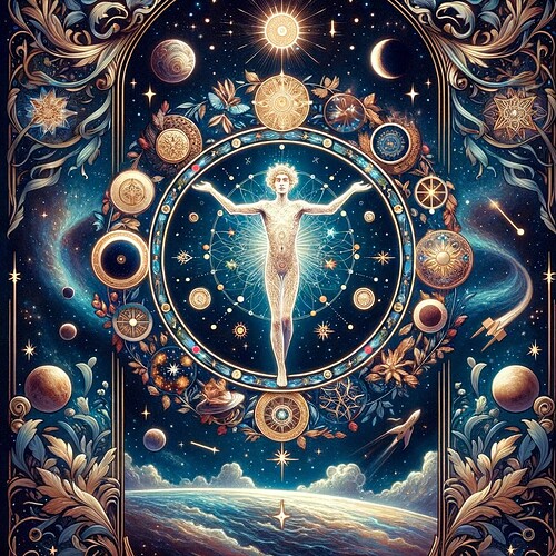 DALL·E 2023-11-11 19.48.34 - A custom tarot card for a member named 'Star', set against a cosmic and celestial background. The card is 'The World', depicting a radiant figure surr