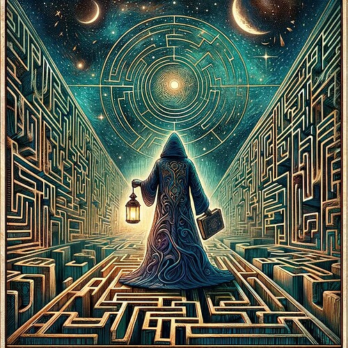 DALL·E 2023-11-11 11.10.18 - Artistic depiction of a unique tarot card named 'The Seeker of Knowledge'. This card features an enigmatic figure standing at the crossroads of a laby