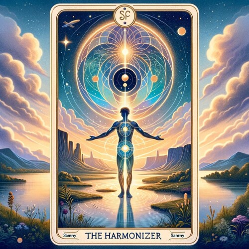 DALL·E 2023-11-14 14.22.23 - A tarot card for Sammy of Sapien Medicine, titled 'The Harmonizer'. The card illustrates a figure standing in a balanced stance, with one hand