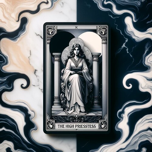 DALL·E 2023-11-10 16.18.38 - An image of a single tarot card on an abstract background that combines elements of both light and shadow. The card is 'The High Priestess', symbolizi