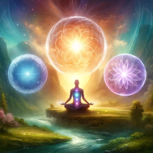 DALL·E 2024-05-17 13.44.23 - An ethereal scene depicting a person meditating in a serene, natural environment. The person is surrounded by three distinct glowing energy balls, eac