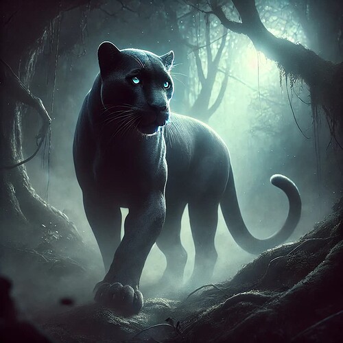 DALL·E 2024-10-30 17.19.16 - An ethereal image of a sleek, powerful panther wandering through a dark, mystical forest, looking lost and uncertain. The panther glows faintly with a