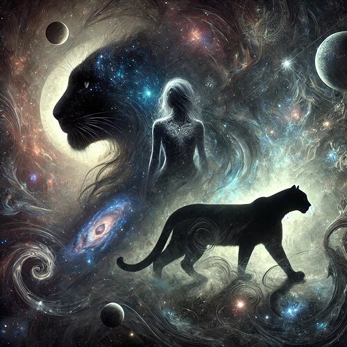 DALL·E 2024-10-30 17.20.00 - An ethereal, mystical image of a panther and a shadowy figure representing Black Tara journeying through a cosmic, dark landscape filled with swirling