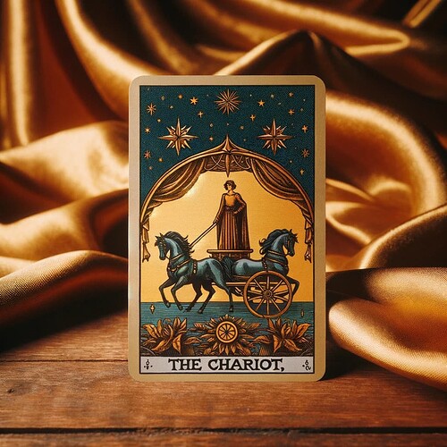 DALL·E 2023-11-10 16.12.32 - An image of a single tarot card on a wooden table with a burnished gold cloth backdrop. The card is 'The Chariot', symbolizing determination, control,