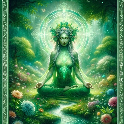 DALL·E 2023-11-12 12.56.31 - A mystical tarot card dedicated to Green Tara, embodying unconditional love and healing, named 'Tara's Embrace'. The card depicts Green Tara in a medi