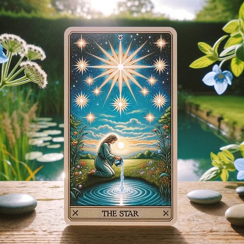 DALL·E 2023-11-10 16.31.41 - An image of a single tarot card on a backdrop of a peaceful garden scene. The card is 'The Star', symbolizing hope, inspiration, and guidance. It depi