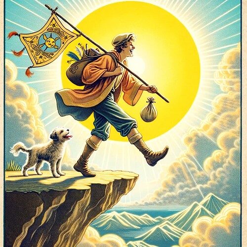 DALL·E 2023-11-10 21.38.00 - An artistic rendering of the tarot card 'The Fool'. This card depicts a joyful, carefree figure stepping off a cliff, symbolizing the beginning of a j