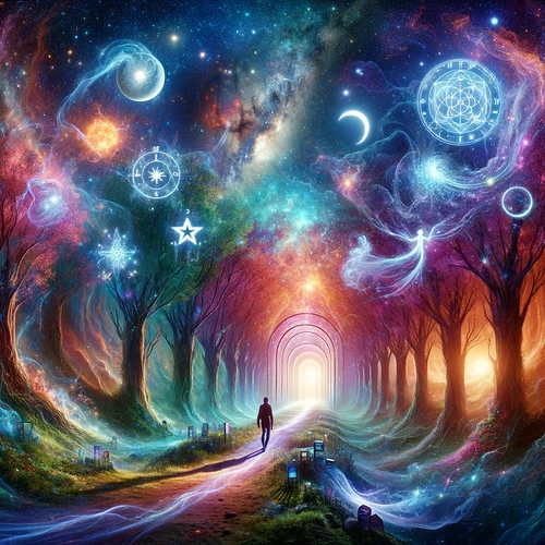 DALL·E 2024-02-12 21.36.25 - Imagine a mystical landscape that symbolizes a transformative journey. In the center, a path winds through a vibrant, otherworldly forest, glowing wit
