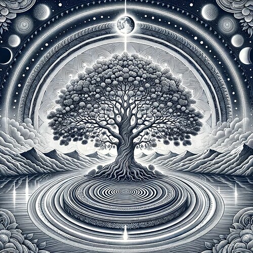 DALL·E 2024-01-27 14.39.10 - A detailed image of 'The Mandala of Serene Insight'. Central to the image is the Enlightened Tree of Stillness, a serene and majestic tree symbolizing
