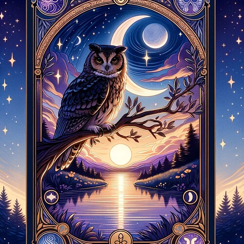 DALL·E 2023-11-15 18.50.02 - A tarot card designed specifically for someone named Siri. The card features an owl perched on a branch at twilight, symbolizing wisdom and the abilit