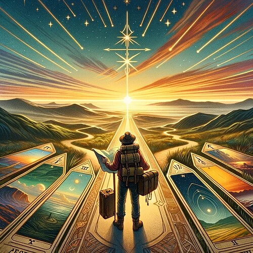 DALL·E 2023-11-16 09.12.56 - A tarot card for forum member named Matt1, featuring a traveler at a crossroads, with various paths leading into the horizon