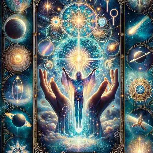 DALL·E 2023-11-23 03.04.46  Universe Blessings on a cosmic, celestial background. The card features imagery symbolizing a harmonious connection with the uni