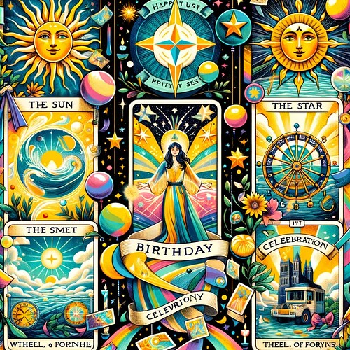 DALL·E 2023-11-16 10.30.34 - A birthday tarot collage, featuring a blend of tarot symbols representing celebration, growth, and personal journey. The colla